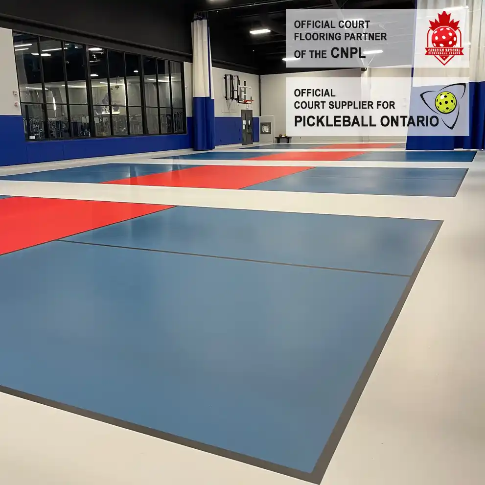 Indoor commercial pickleball court installation at Mayfair Clubs Lakeshore Toronto by TSS Pickleball, the official court flooring partner of the CNPL and Pickleball Ontario.