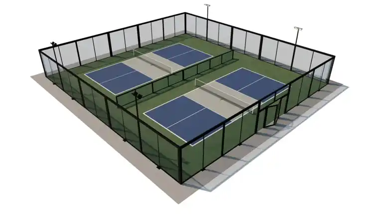 Reendering of a 66x66 feet, double pickleball courts.