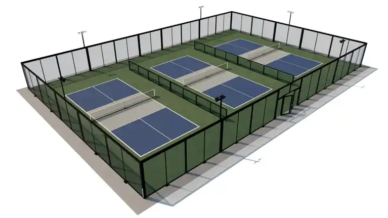 Reendering of a 96x66 feet, triple pickleball courts.