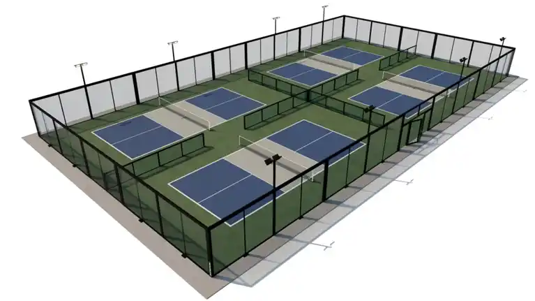 Reendering of a 127x66 feet, Four pickleball courts.